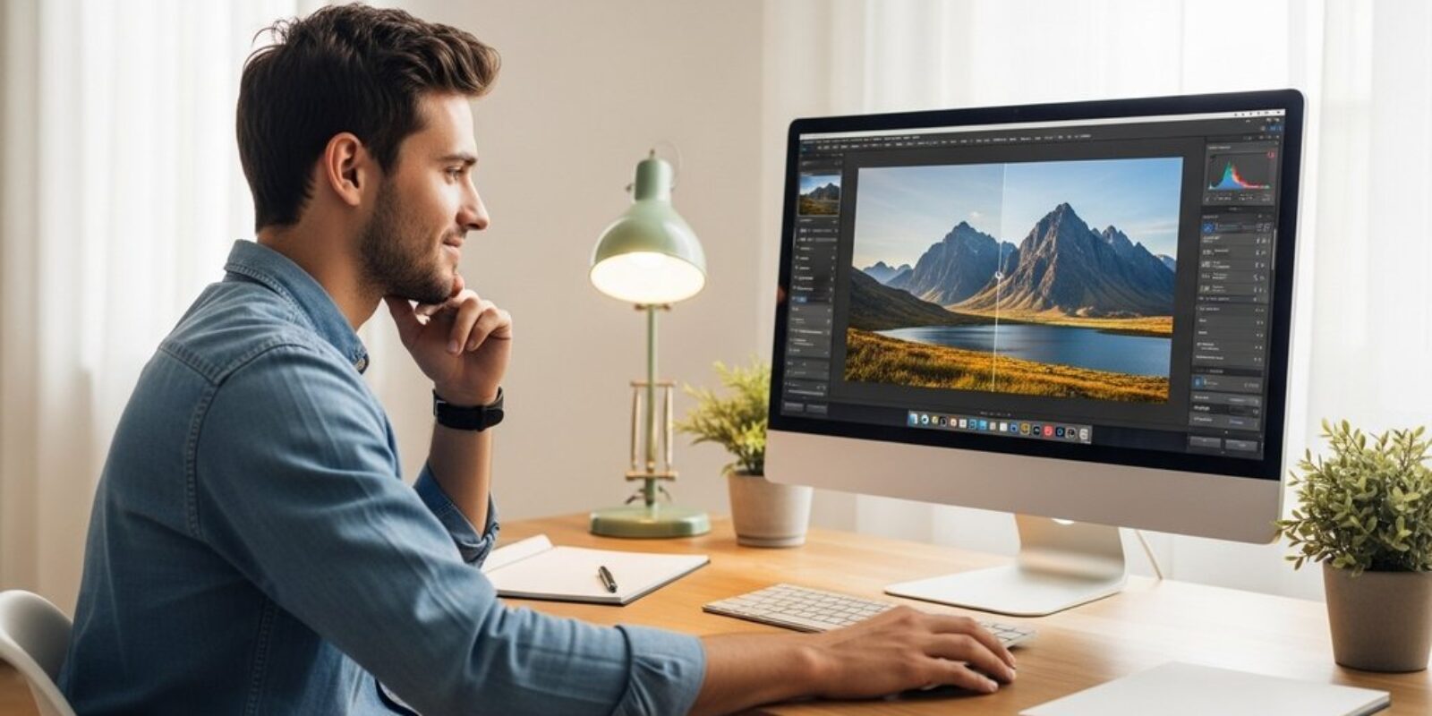 Einsteiger lernt mit einem Guide die Grundlagen von Lightroom für Anfänger und bearbeitet ein Foto.