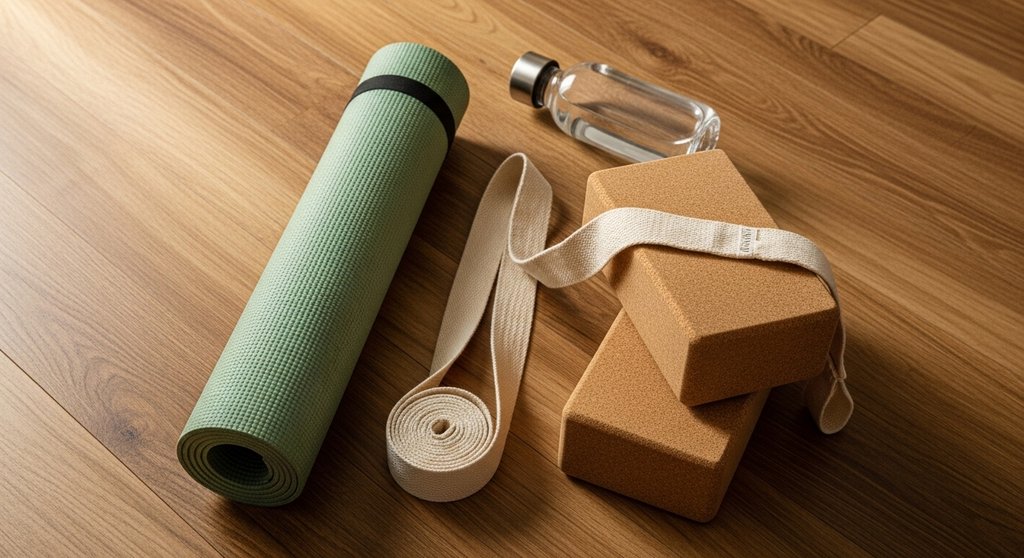 Essentielle Yoga-Ausrüstung für Anfänger, bestehend aus Matte, Blöcken und Gurt.