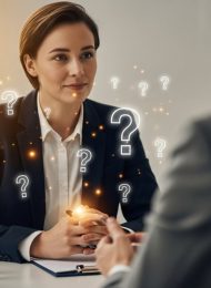 Gut vorbereitete Person im Vorstellungsgespräch denkt über eine Frage nach.