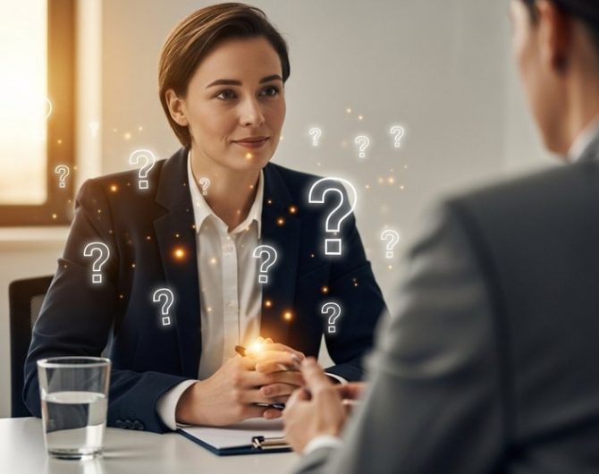 Gut vorbereitete Person im Vorstellungsgespräch denkt über eine Frage nach.