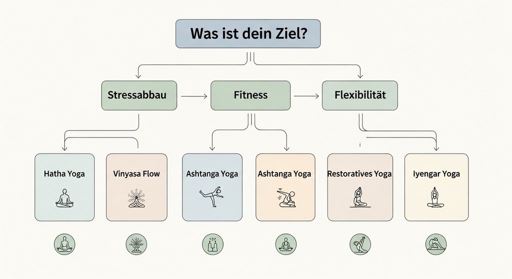 Infografik als Entscheidungshilfe zur Wahl der passenden Yoga-Art basierend auf persönlichen Zielen.