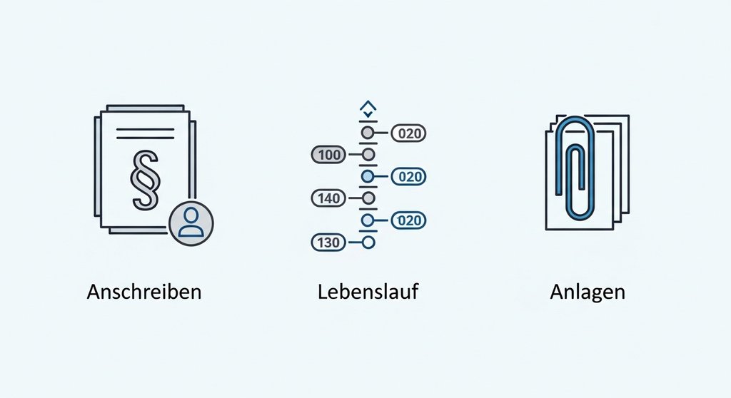 Infografik der drei Hauptbestandteile einer Bewerbung: Anschreiben, Lebenslauf und Anlagen.