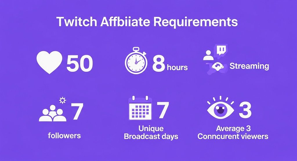 Infografik der vier Voraussetzungen um Twitch Affiliate zu werden: 50 Follower, 8h Stream, 7 Tage, 3 Zuschauer.