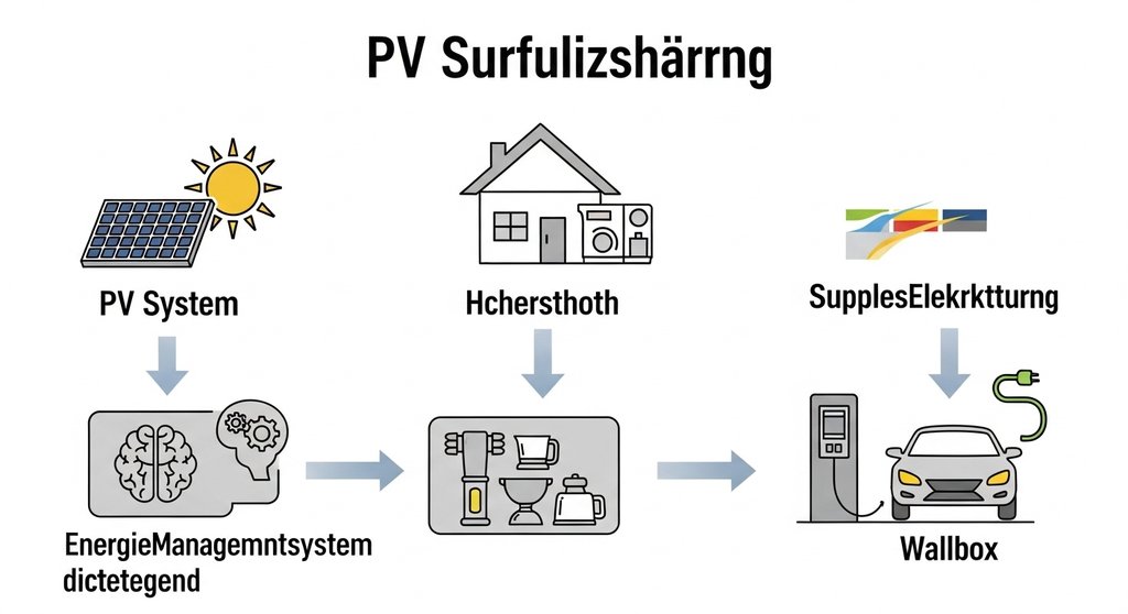Infografik, die das Zusammenspiel von PV-Anlage, Energiemanager und Wallbox beim Überschussladen erklärt.