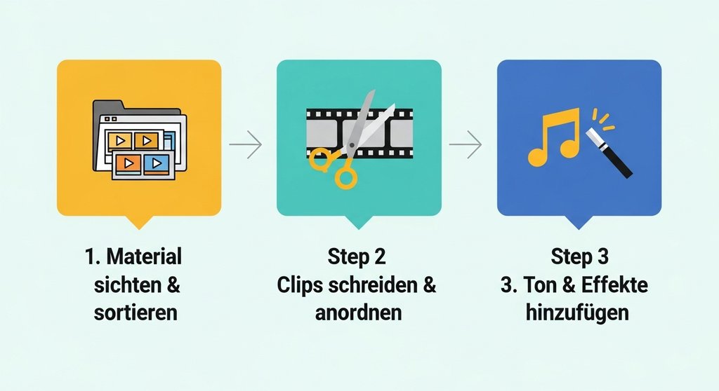 Infografik, die den einfachen 3-Schritte-Prozess beim Schneiden von Videos für Anfänger erklärt.