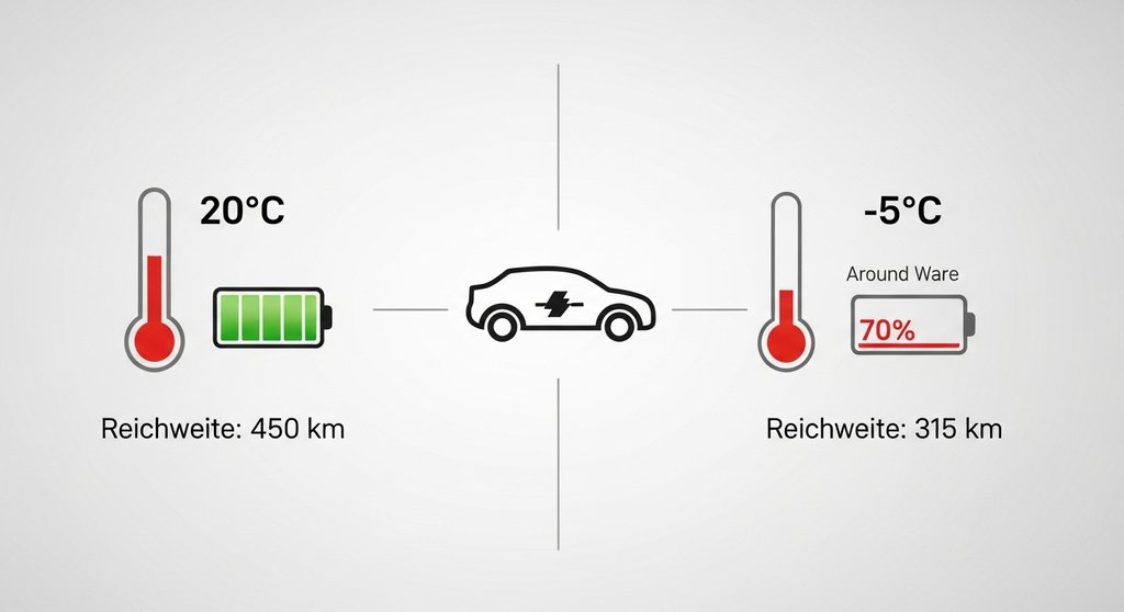Infografik, die den Reichweitenverlust eines E-Autos im Winter von 450 km auf 315 km zeigt.