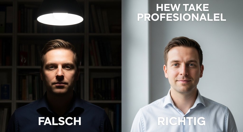 Infografik, die den Unterschied zwischen schlechter und guter Beleuchtung beim Bewerbungsfoto zeigt.