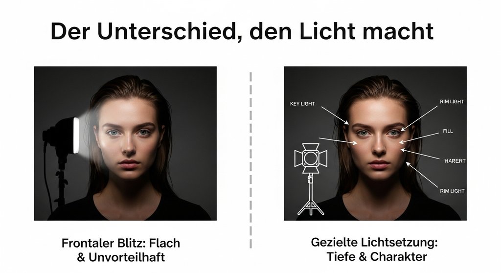 Infografik, die den Unterschied zwischen schlechter und guter Lichtsetzung in der Porträtfotografie zeigt.