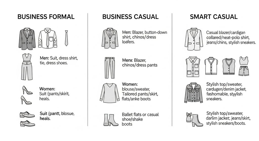 Infografik, die die Dresscodes Business Formal, Business Casual und Smart Casual erklärt.