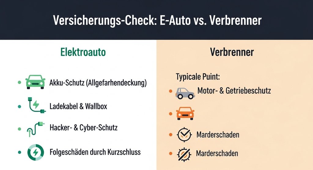 Infografik, die die speziellen Versicherungsleistungen für ein E-Auto mit denen eines Verbrenners vergleicht.
