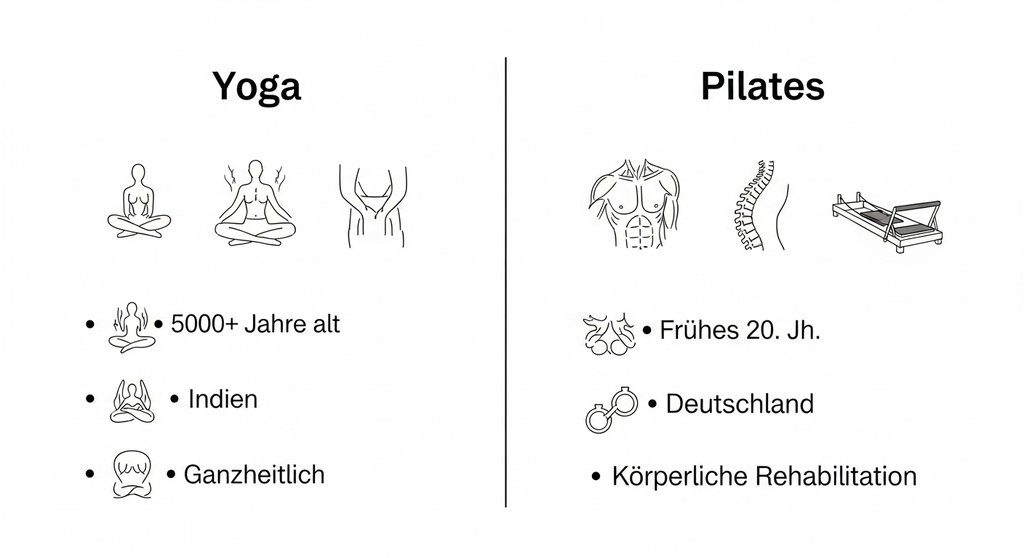 Infografik, die die Ursprünge und Kernprinzipien von Yoga und Pilates direkt gegenüberstellt.