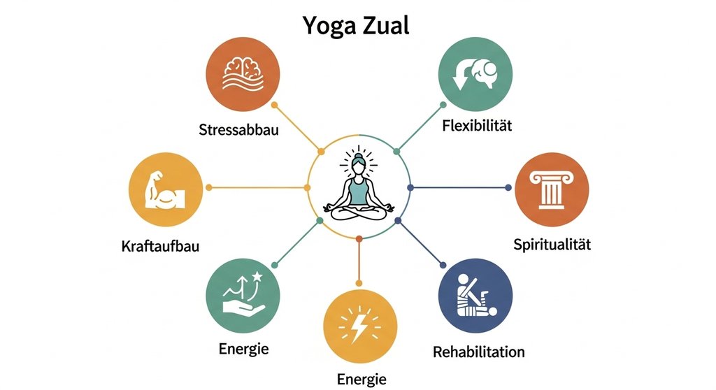 Infografik, die die vielfältigen Ziele und Vorteile von Yoga zeigt.