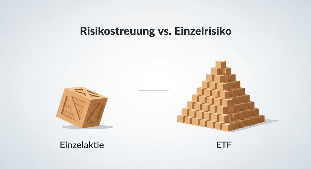Infografik erklÀrt den Unterschied zwischen dem Risiko einer Einzelaktie und der StabilitÀt eines ETFs.