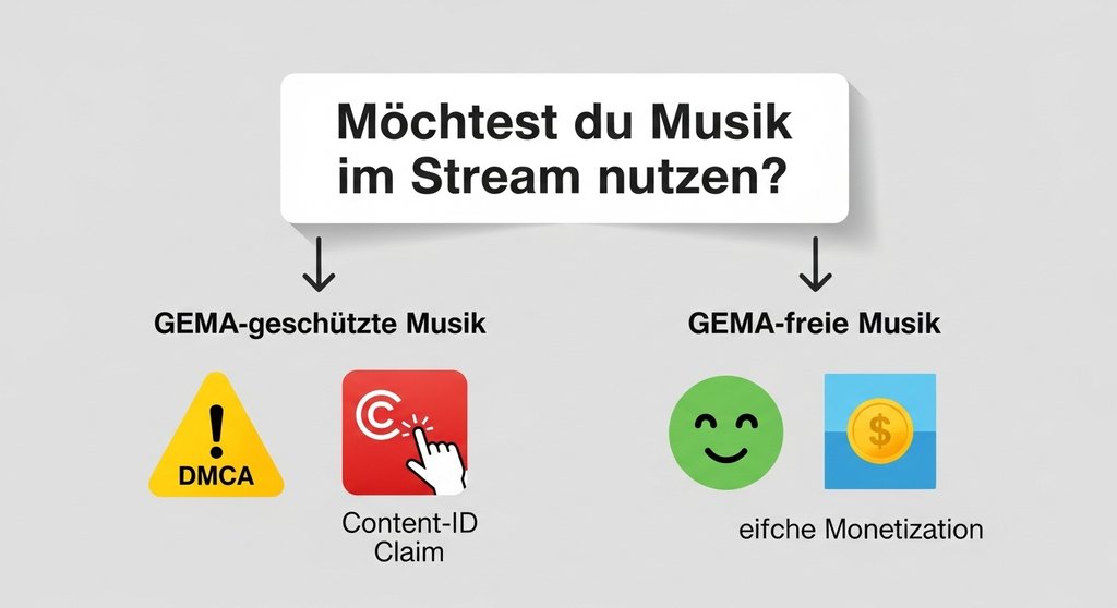 Infografik erklärt die Folgen der Nutzung von GEMA-geschützter vs. GEMA-freier Musik.