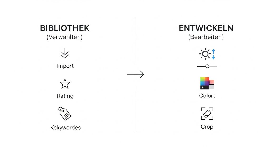 Infografik erklärt die zwei Kernmodule von Adobe Lightroom für Anfänger: Bibliothek und Entwickeln.