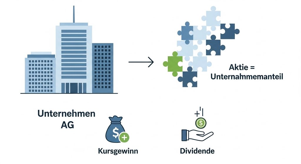 Infografik erklärt einfach, was Aktien sind: Unternehmensanteile, die Gewinn abwerfen.