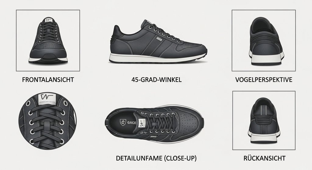 Infografik mit Beispielen für wichtige Perspektiven in der Produktfotografie.