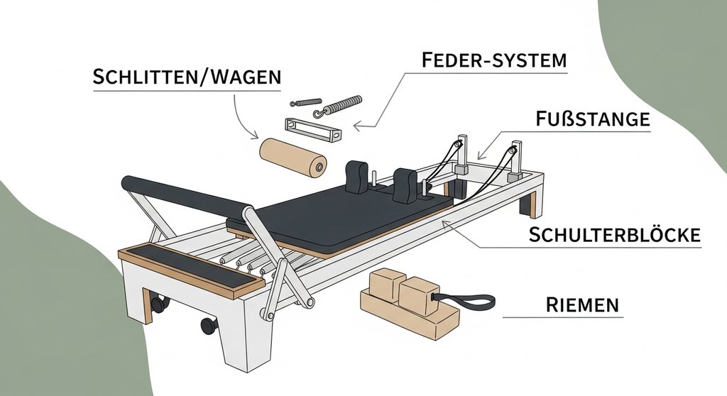 Infografik mit den Bestandteilen und dem Aufbau eines Pilates Reformers.