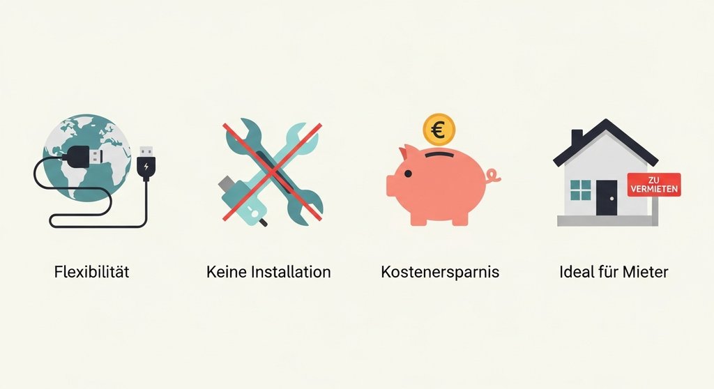 Infografik mit den vier Hauptvorteilen eines mobilen Laders für E-Autos.