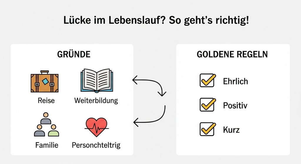 Infografik mit Tipps und Regeln zur Begründung von Lücken im Lebenslauf.