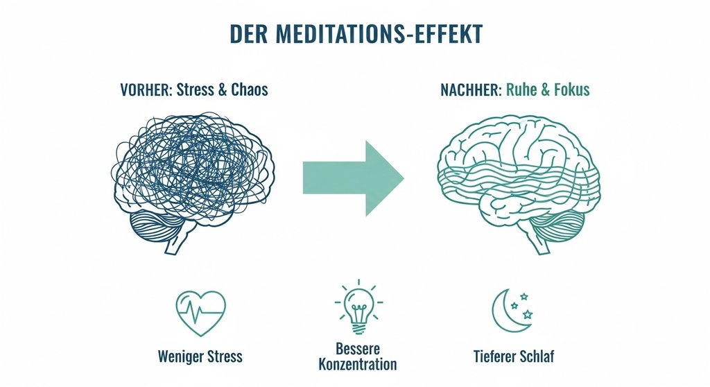 Infografik über die positiven Effekte von Meditation auf das Gehirn: Stressreduktion und Fokus.