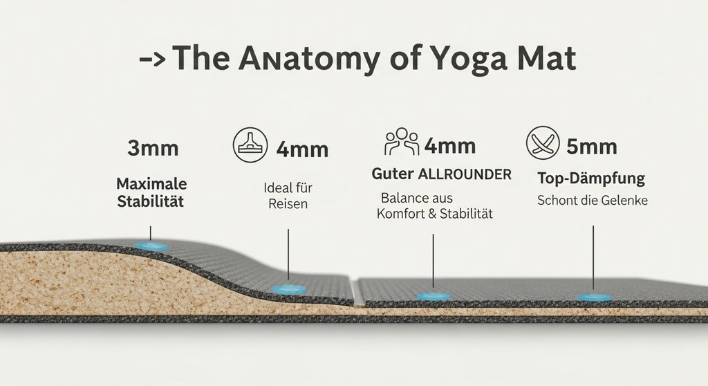Infografik vergleicht die Dämpfung und Stabilität von Yogamatten mit 3mm, 4mm und 5mm Dicke.
