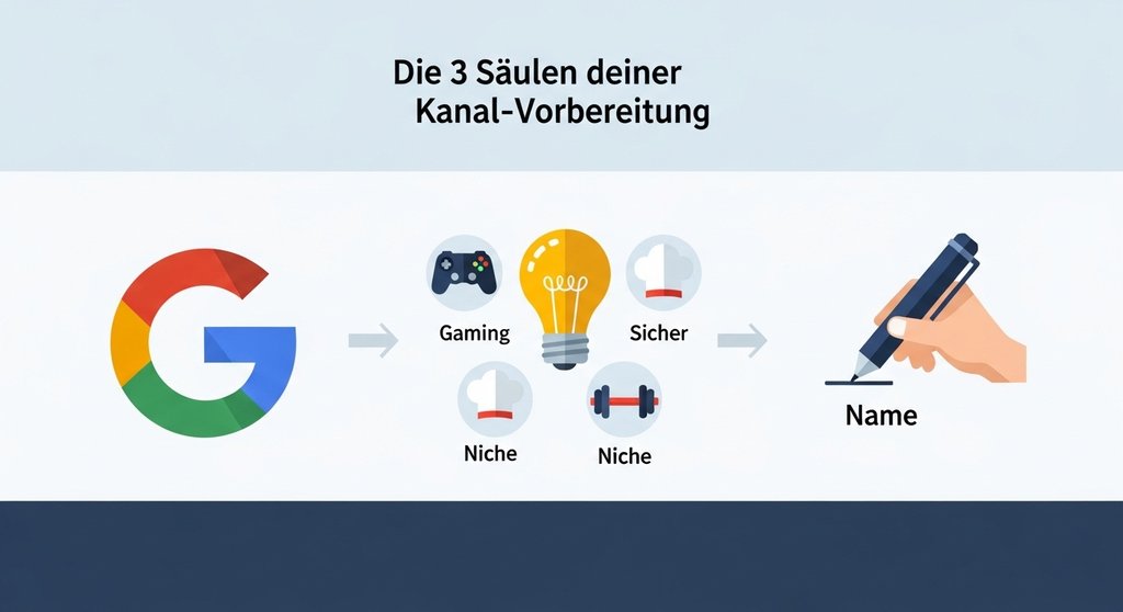 Infografik zeigt die drei Säulen der YouTube-Vorbereitung: Google-Konto, Nische und Name.