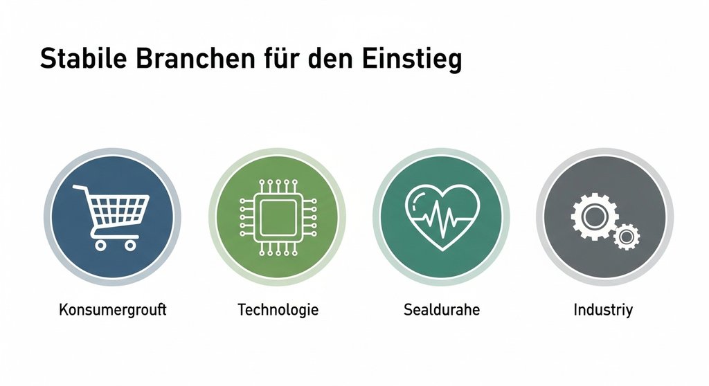 Infografik zeigt vier stabile Branchen fĂŒr den Einstieg in Aktien: Konsum, Technologie, Gesundheit und Industrie.
