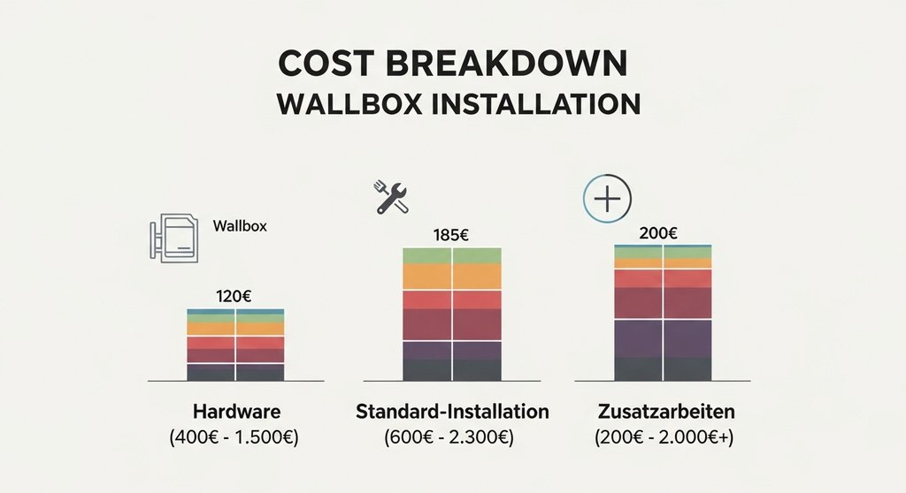 Infografik zu den Kosten einer Wallbox-Installation, aufgeteilt in Hardware und Installation.