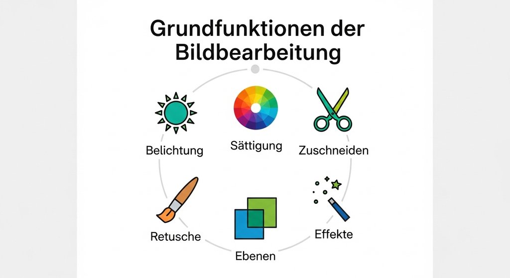 Infografik zu den sechs wichtigsten Grundfunktionen von Bildbearbeitungsprogrammen.