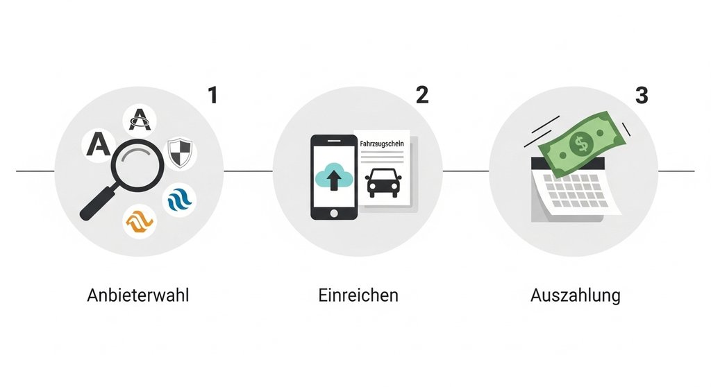 Infografik zum 3-Schritt-Prozess der Beantragung der THG-Prämie.
