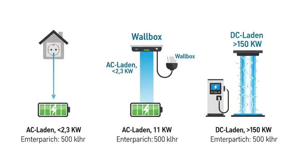 Infografik zum Vergleich der Ladeleistung und Ladedauer bei E-Autos an Steckdose, Wallbox und Schnelllader.