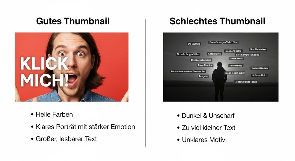 Infografik zum Vergleich eines guten und schlechten YouTube Thumbnails mit Design-Tipps.
