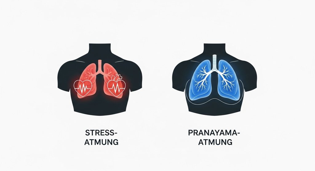 Infografik zum Vergleich von flacher Stress-Atmung und tiefer Pranayama-Atmung.