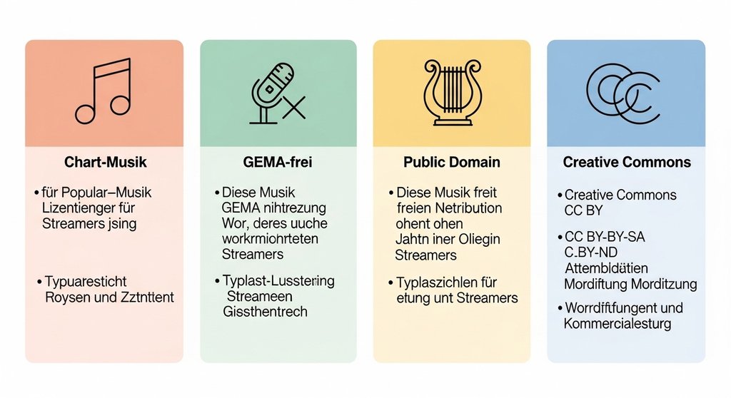 Infografik zum Vergleich von Musiklizenzen wie GEMA-frei und Creative Commons fĂŒr Streamer.