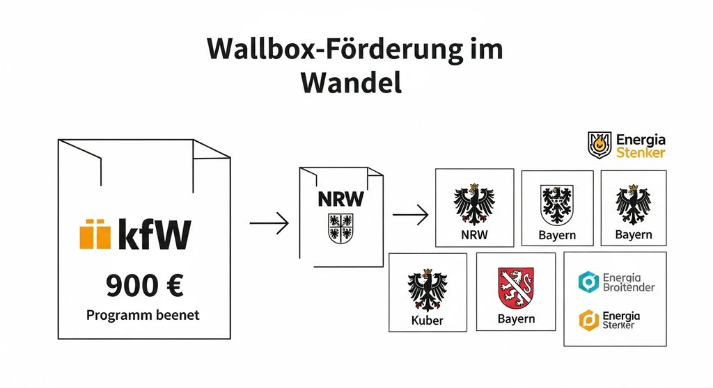 Infografik zum Wandel von der bundesweiten KfW-Förderung zu regionalen Zuschüssen für Wallboxen.