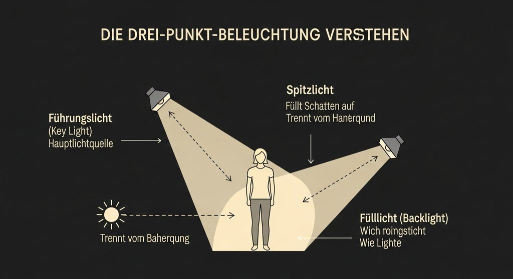 Infografik zur Drei-Punkt-Beleuchtung mit den Positionen von Führungs-, Füll- und Spitzlicht.