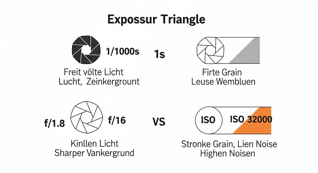 Infografik zur Erklärung des Zusammenspiels von Blende, ISO und Verschlusszeit in der Fotografie.