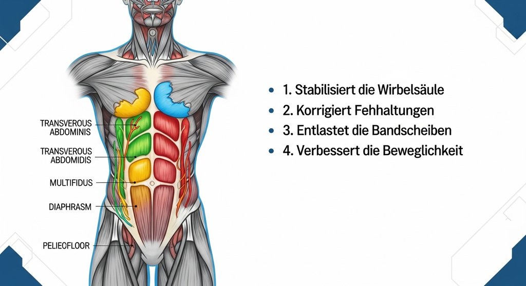 Infografik zur Funktionsweise des Powerhouse beim Pilates für den Rücken.