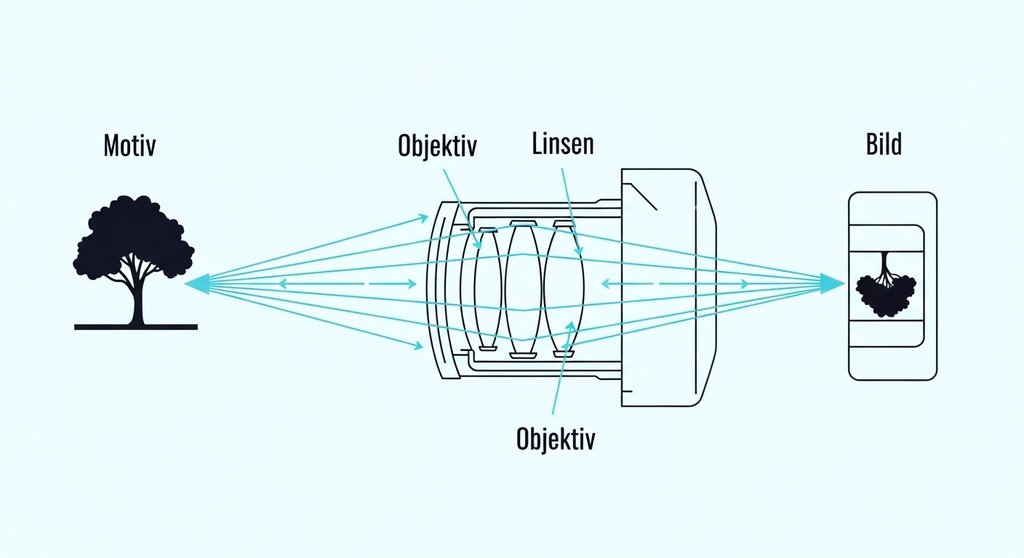 Infografik zur Funktionsweise eines Kameraobjektivs, das Licht auf einen Sensor bündelt.