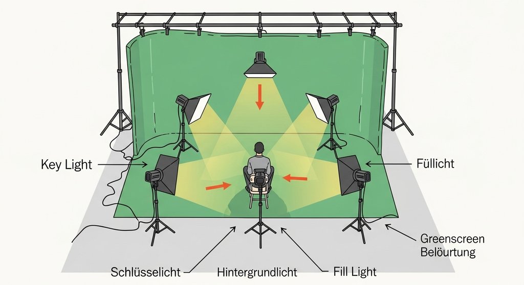 Infografik zur korrekten Fünf-Punkt-Ausleuchtung eines Greenscreens und einer Person.