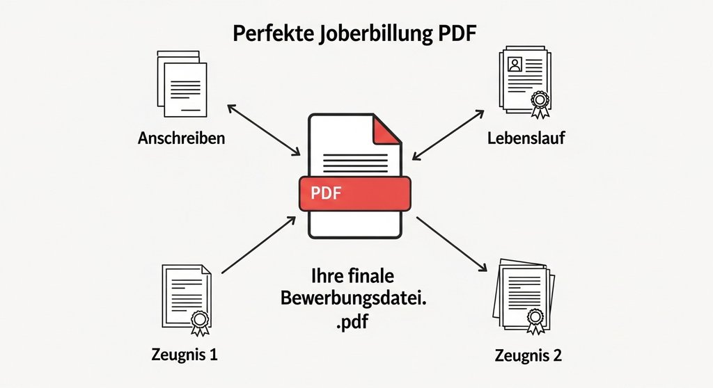 Infografik zur korrekten Zusammenstellung der Online-Bewerbungsunterlagen in einer PDF.