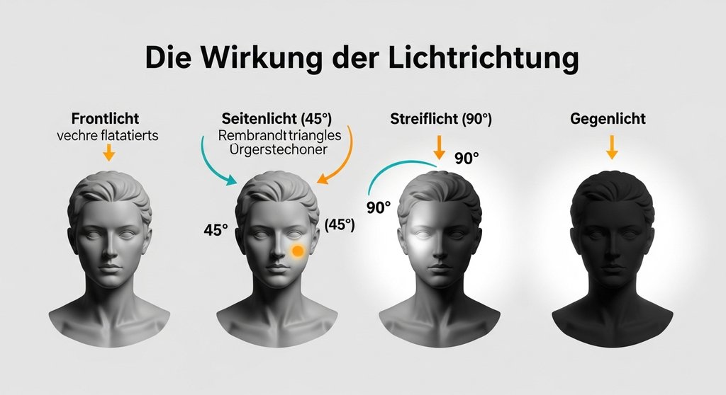 Infografik zur Lichtsetzung, die den Effekt von Frontlicht, Seitenlicht und Gegenlicht auf ein Porträt vergleicht.