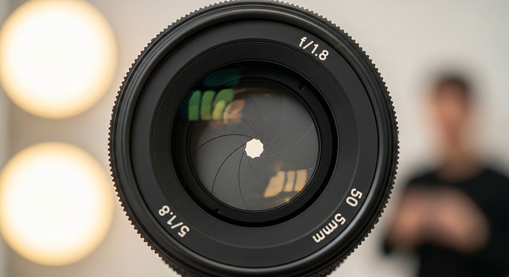 Kameraobjektiv mit großer Blende für den Bokeh-Effekt in der Porträtfotografie.