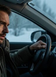 Mann blickt besorgt auf die geringe Reichweite seines E-Autos im Winter.