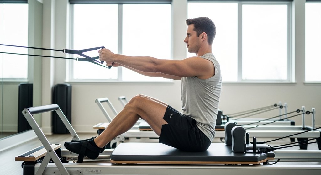 Mann kräftigt seine Rückenmuskulatur mit der Rowing-Übung am Pilates Reformer.