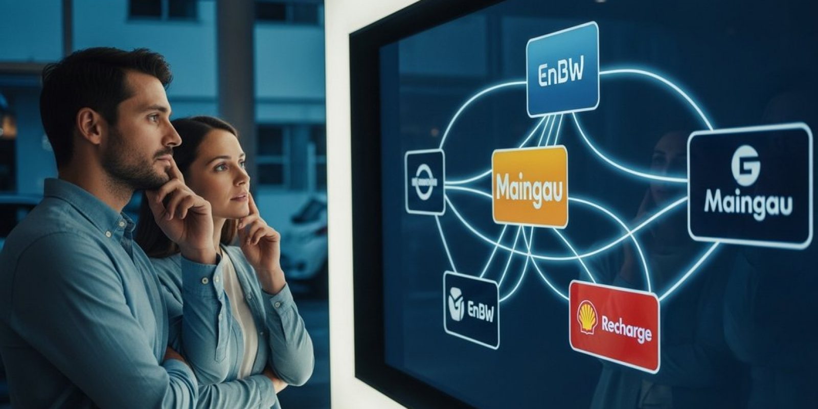 Paar vergleicht Ladekarten-Anbieter für E-Autos an einer digitalen Info-Wand.