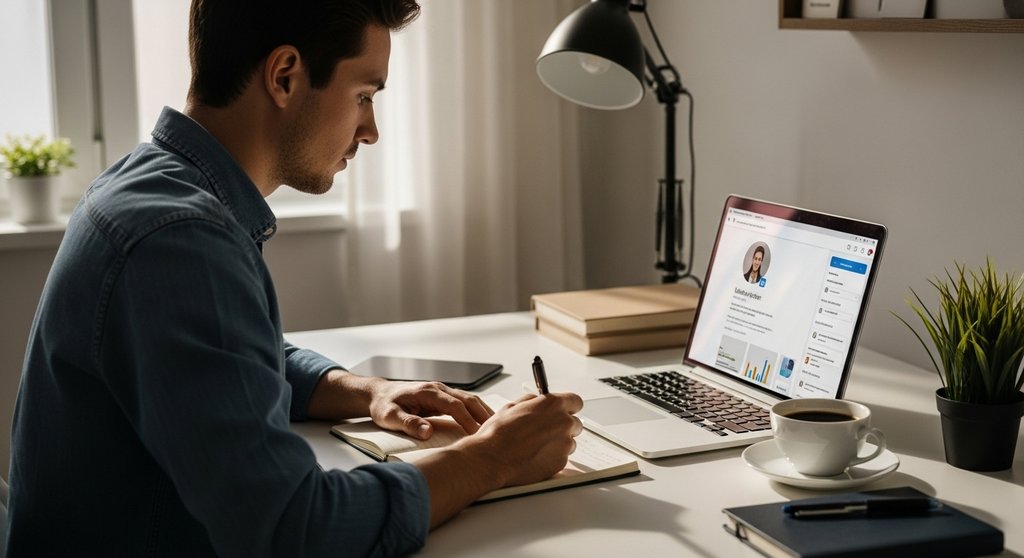 Person bereitet sich durch Recherche auf dem Laptop auf das zweite Vorstellungsgespräch vor.