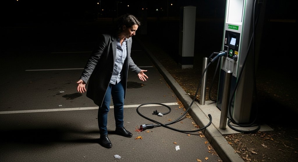 Person entdeckt ihr durchgeschnittenes Ladekabel an einer öffentlichen Ladestation in der Nacht.