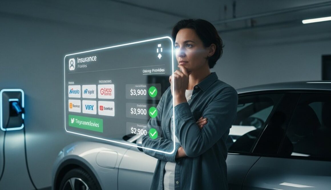 Person vergleicht Tarife für eine E-Auto Versicherung auf einem digitalen Display vor ihrem Elektroauto.